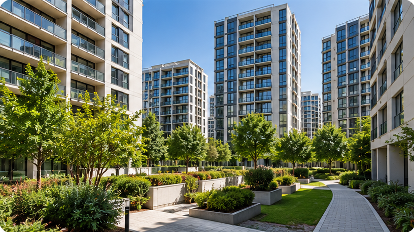 Condominio residencial rodeado de áreas comunes y edificios.