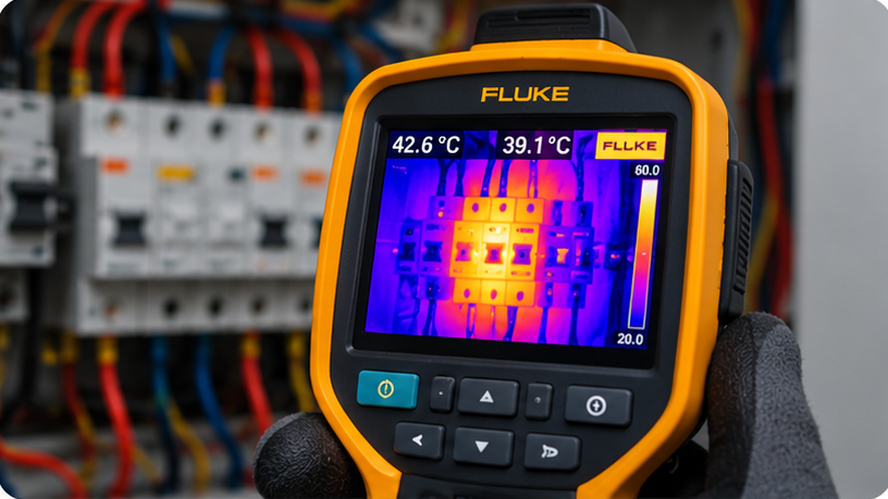 Cámara termográfica frente a un tablero eléctrico, con la pantalla térmica visible.
