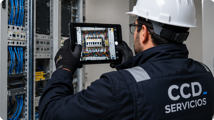 Técnico de CCD registrando la inspección de un tablero eléctrico con una tablet.
