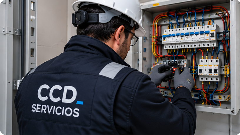 Técnico de CCD trabajando en un tablero eléctrico.